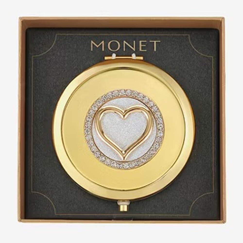 MONET Compact Mirror Gold Tone Heart Textural New in Box Rhinestone - Picture 2 of 4